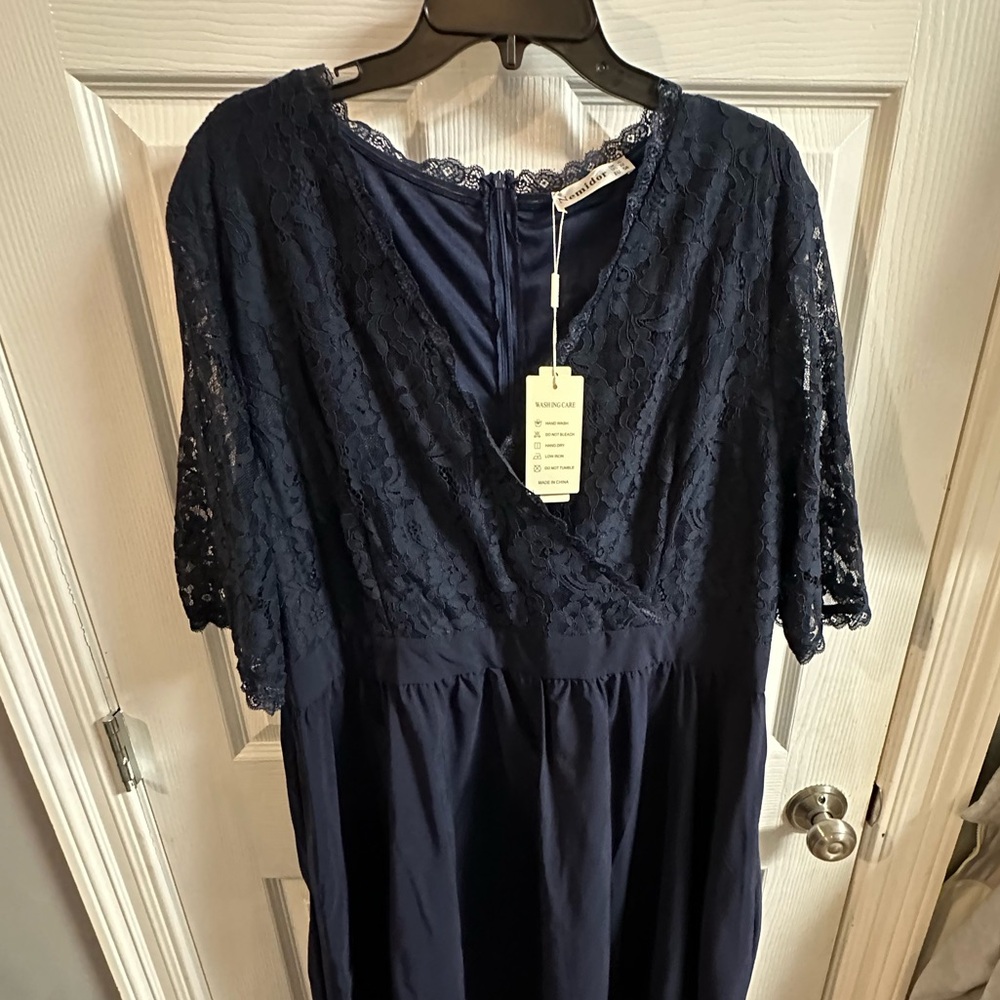 Plus Size Navy Blue Lace Dress with Elegant Detailing